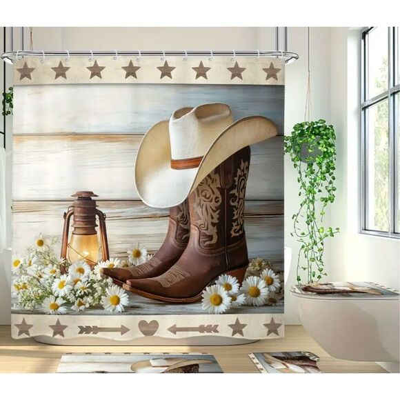 Cowboy Boots shower curtain & Bath Mat Set with Hooks - 4 Piece Collection weste - Picture 3 of 5